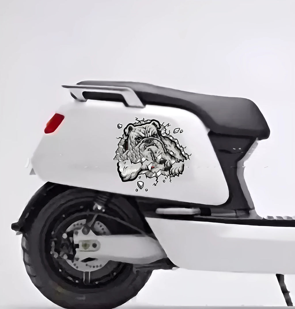 Motorcycle decorative sticker with grey dog pattern measuring 17cm by 17cm