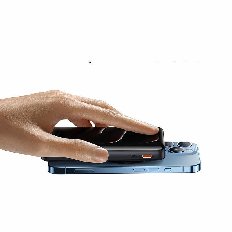 Blue 3-in-1 slim magnetic wireless power bank showing dimensions and USB charging cable