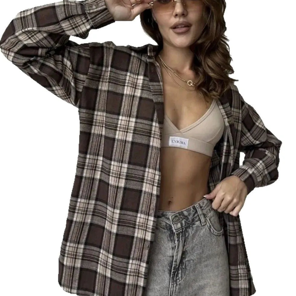 Dark brown retro striped women's shirt with long sleeves and Trueran cotton fabric