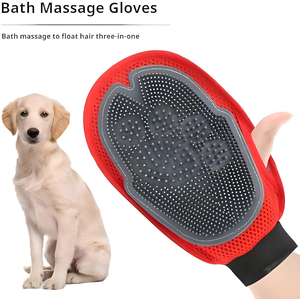 Red pet bathing glove with silicone finger grips for combined washing and grooming during pet bath time