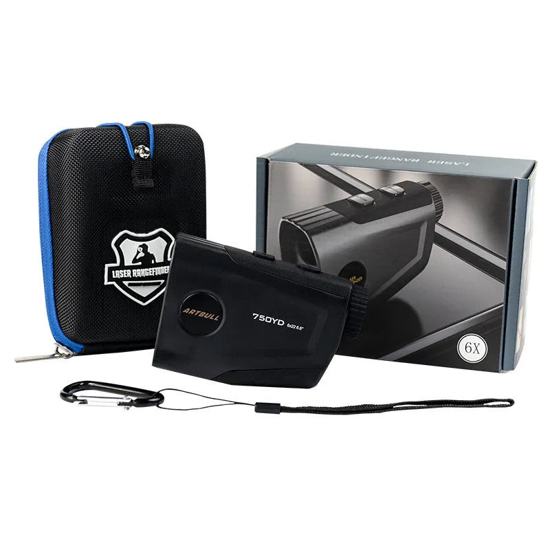 Golf laser rangefinder with LCD display showing distance measurement and slope compensation indicator