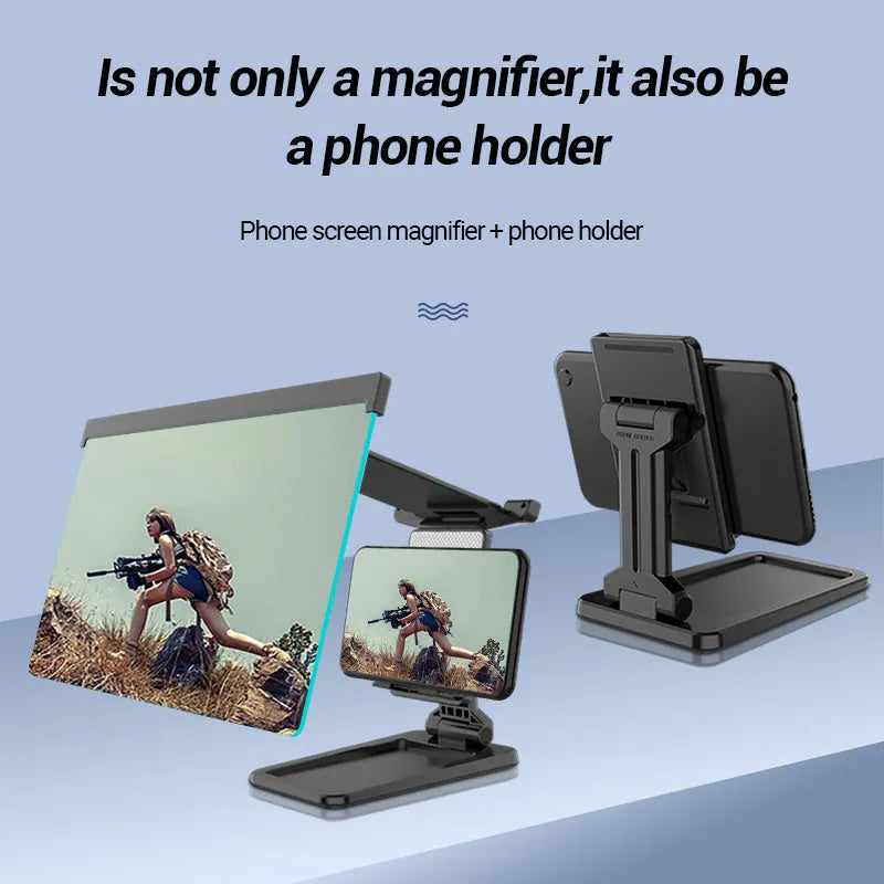 Black 12-inch mobile phone screen amplifier with detachable phone holder on desktop