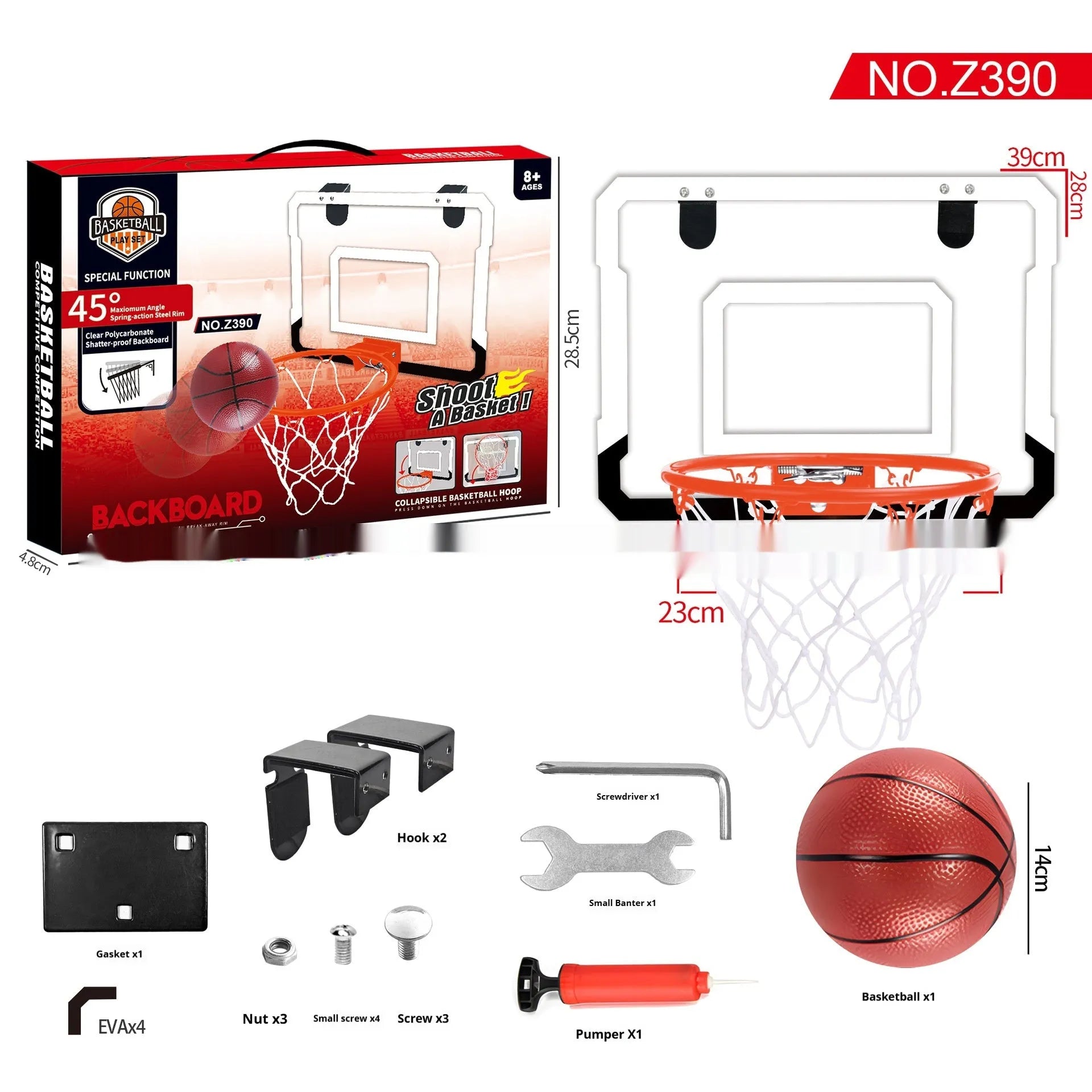 Red and blue folding basketball frame toy with suction cups mounted on a wall, shown with a basketball.