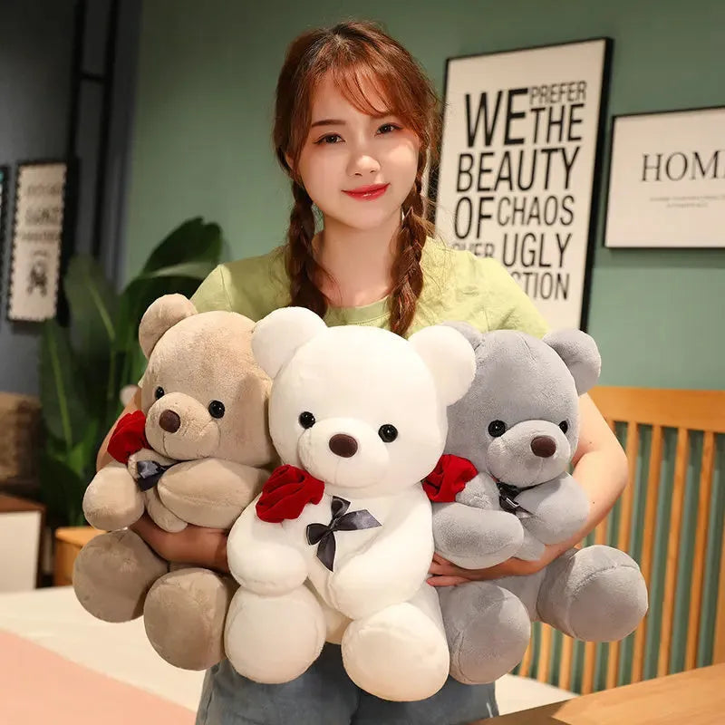 Soft plush rose bear teddy doll in beige, brown, or grey, shown in multiple size options.