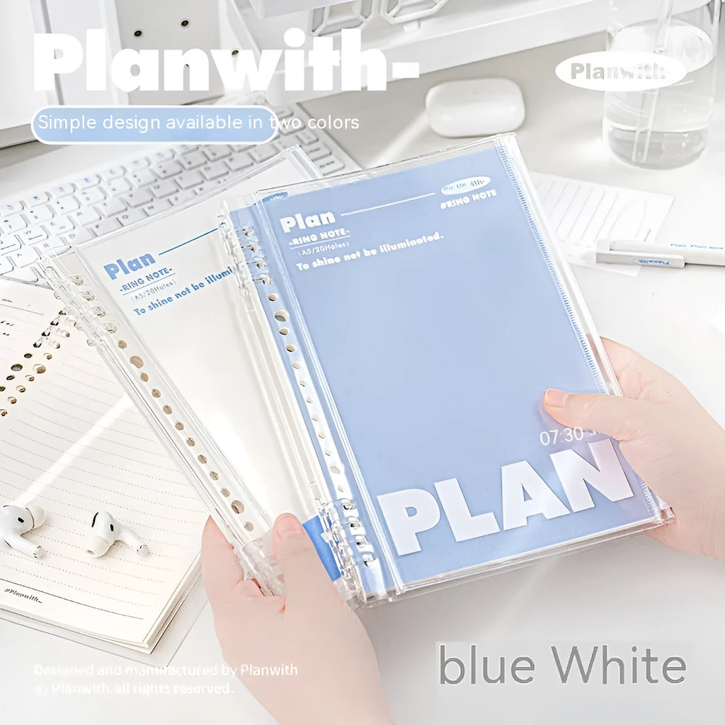 A5 size spiral-bound notebook with a PVC cover, shown in blue and white colour options.