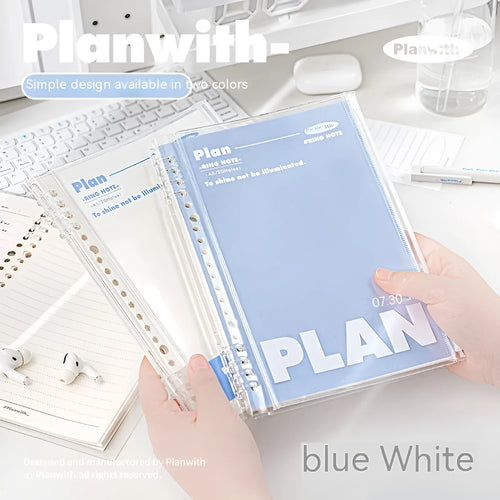 A5 size spiral-bound notebook with a PVC cover, shown in blue and white colour options.