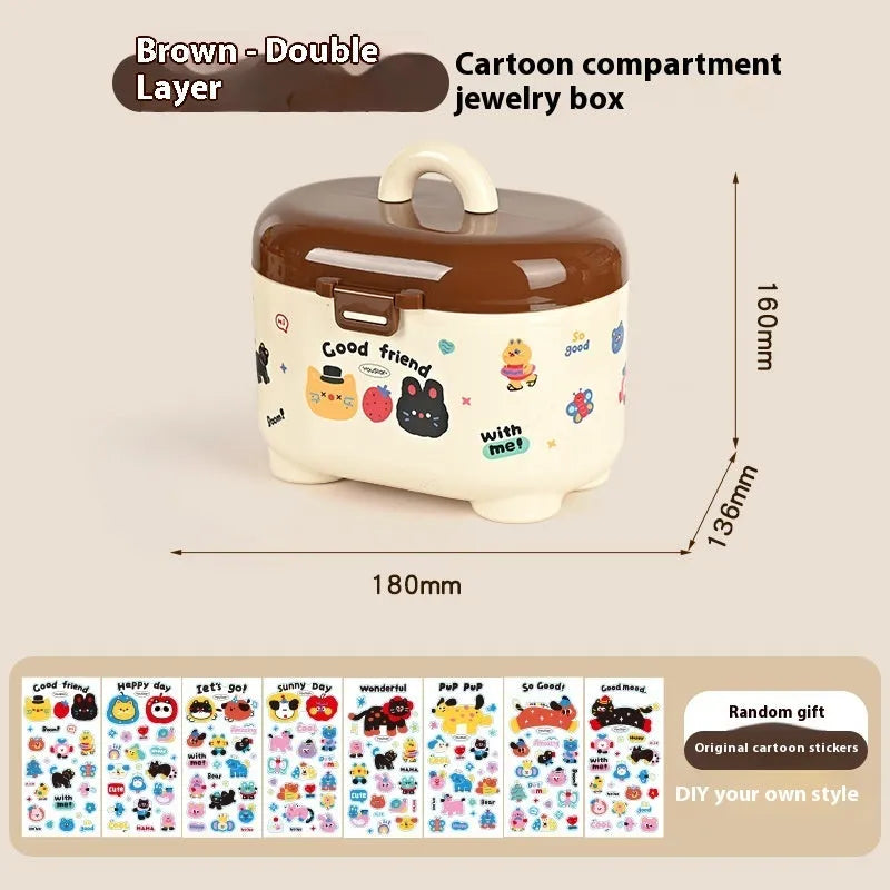 Red and brown cartoon-style plastic desktop storage organiser with grid compartments.