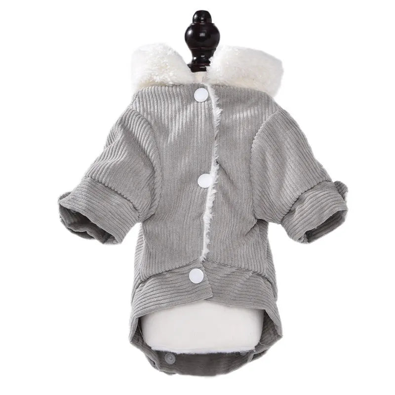 Grey lambswool dog vest with fleece lining shown on a dog model