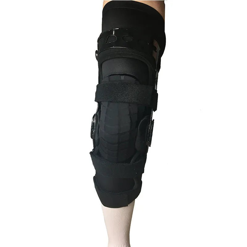 Black anterior ligament knee pad with visible straps and metal splints on a white background.
