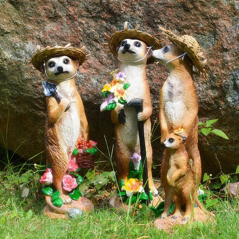 Three straw hat mongoose resin ornaments for garden and bonsai decoration