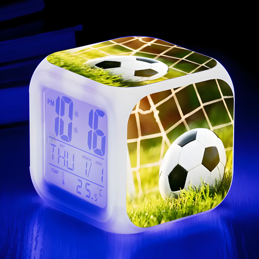 Square football pattern plastic mute alarm clock for students and children in colour options No 24, 25, 26