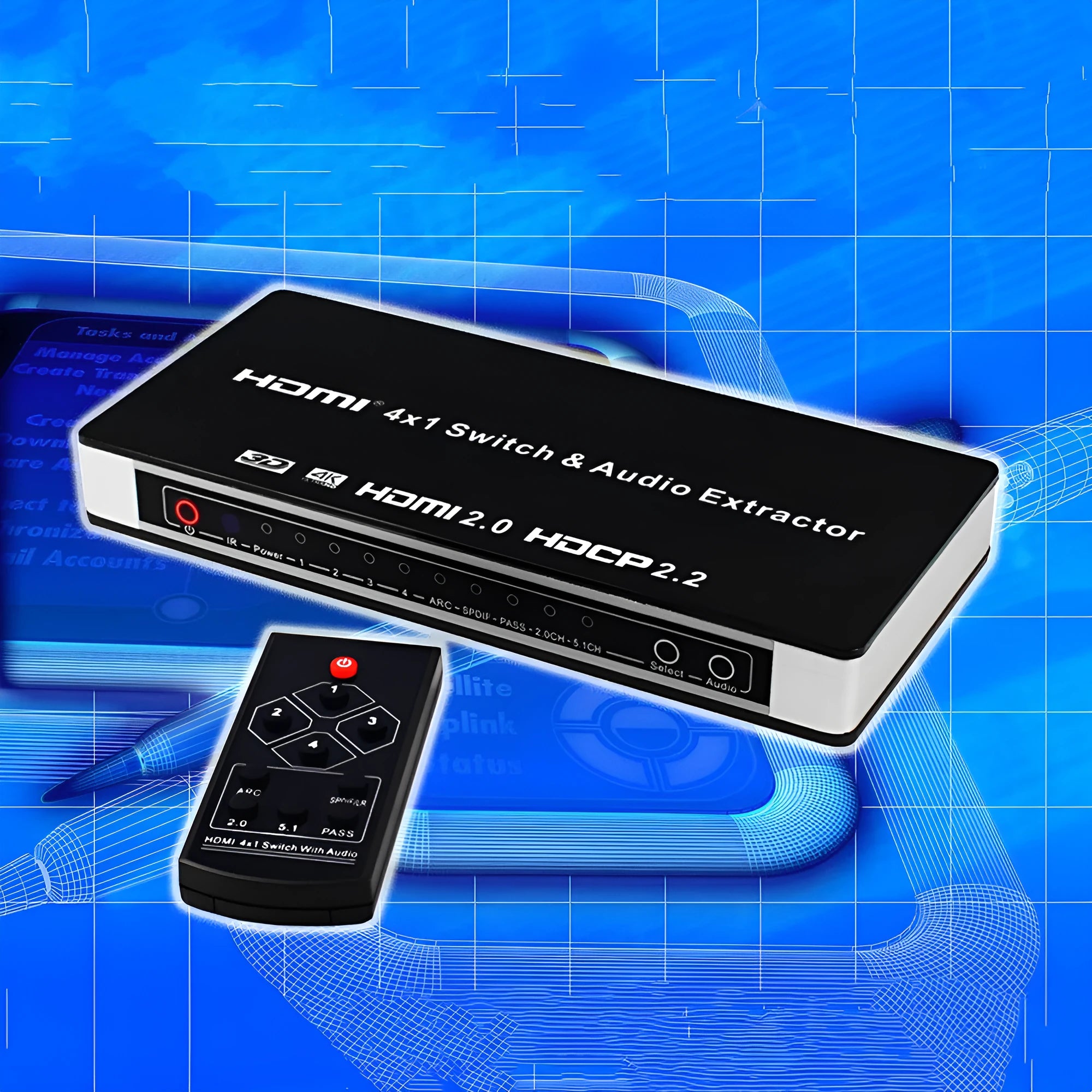Black HDMI audio video switch with remote control and 10m cable for 4K2K/1080p sources