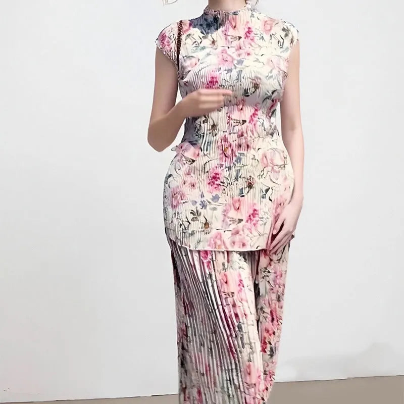 Women's printed long sleeve chiffon top with matching high-waisted skirt two-piece set