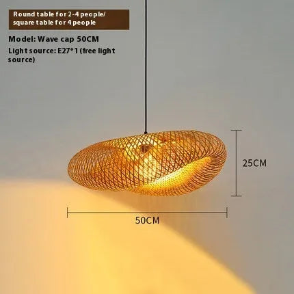 Bamboo straw hat-shaped hanging ceiling lamp in natural woven finish