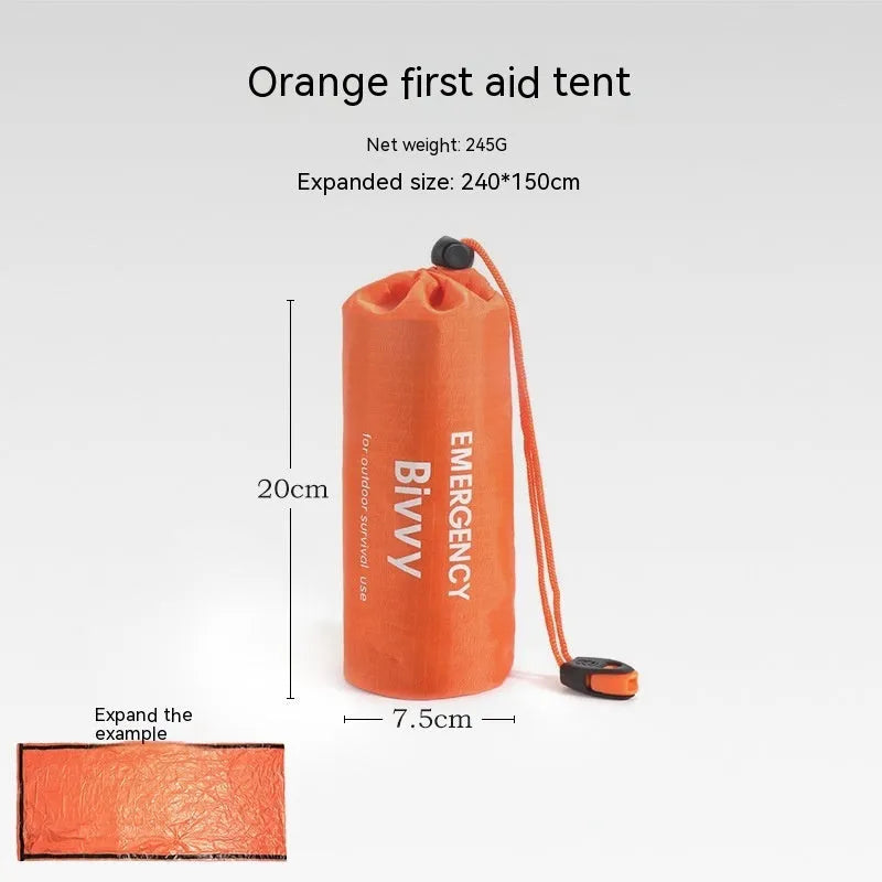 Orange emergency tent with sleeping bag and raincoat for disaster relief camping