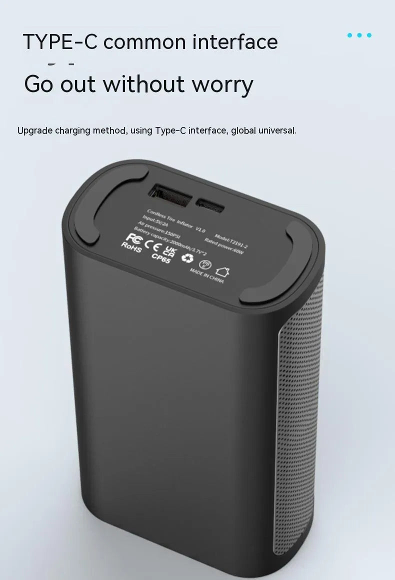 Wireless digital display air pump with LED light showing tyre pressure reading on screen
