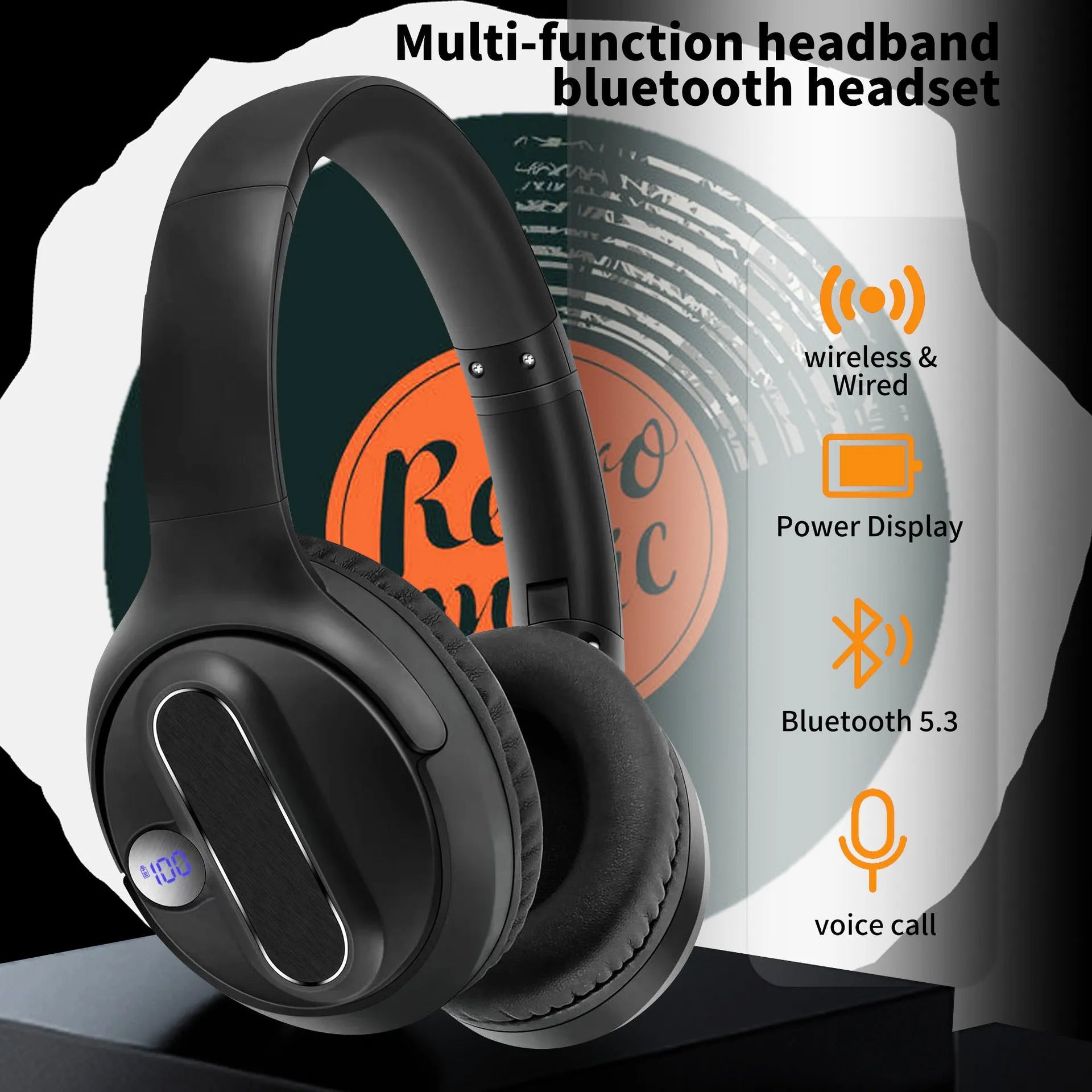 Retro wireless Bluetooth headset with digital power display in black plastic, head-mounted design