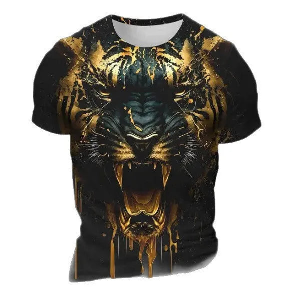 Men's grey T-shirt featuring a detailed 3D tiger head print on the chest, short sleeves.