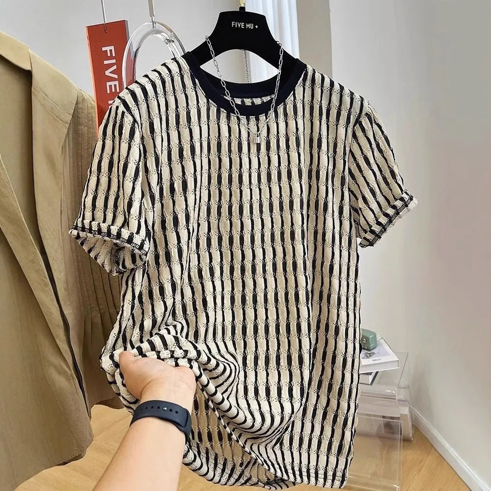 Men's black striped loose short sleeve shirt made from silk and linen blend fabric