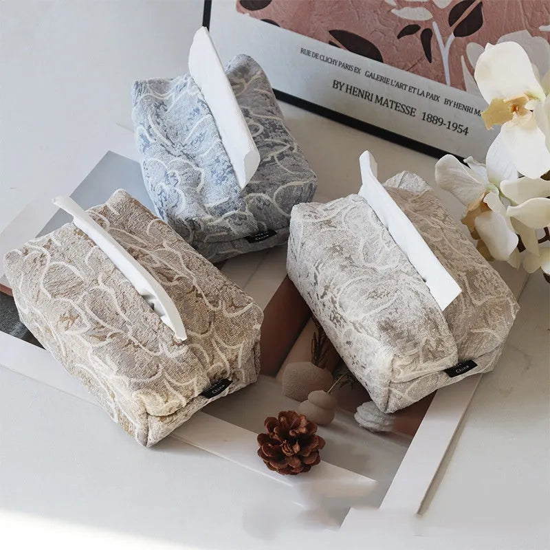 Chinese style pastoral rose fabric tissue box in cotton, 17cm long, shown in beige colour.