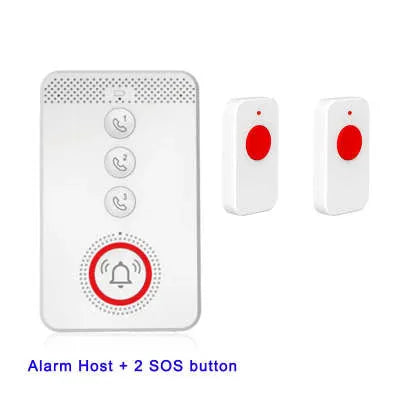 White wireless emergency alert device with buzzer unit and three emergency call buttons for elderly safety