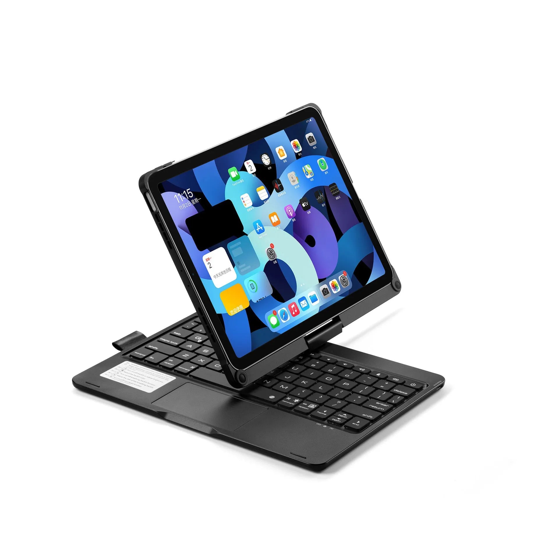 Rotating 360-degree Bluetooth keyboard with touch backlight for iPad Pro and iPad Air in black, rose gold, or silver