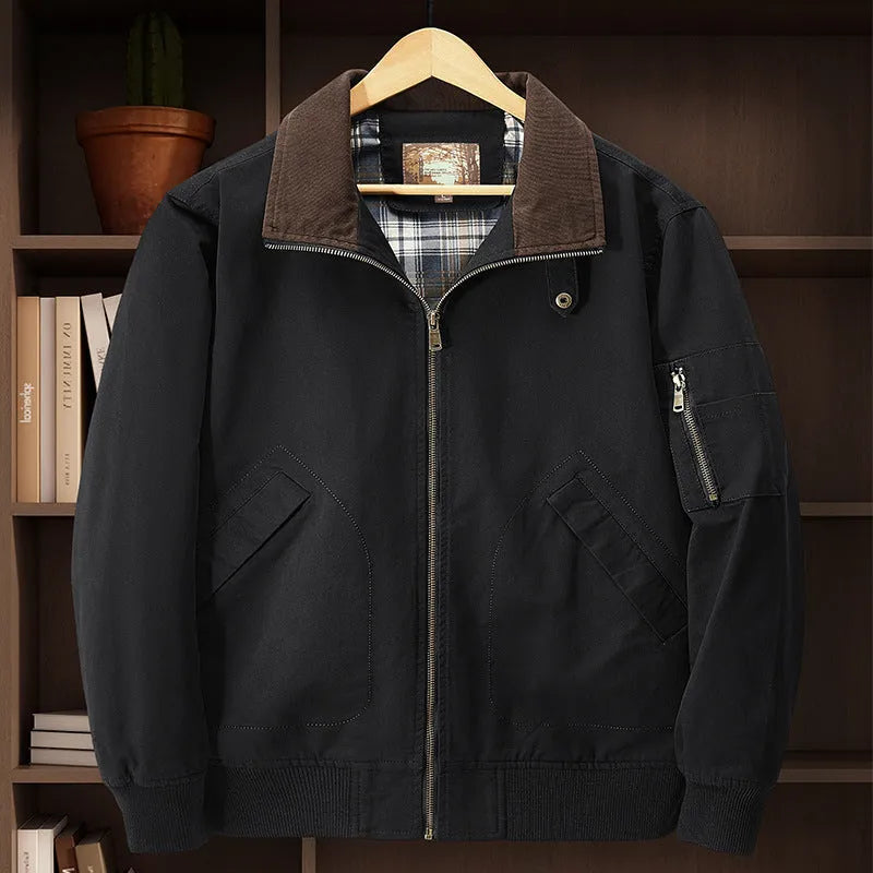 Men's casual washed cotton flight jacket in army green colour
