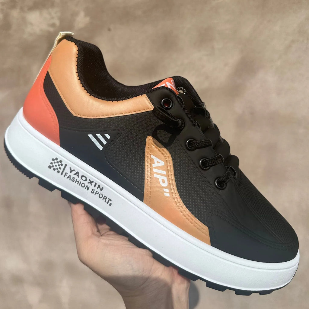 Men's white and black casual shoes with round toe and artificial PU upper