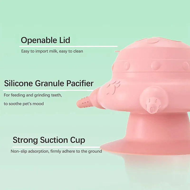 Pink silicone pet milk feeder with bionic breast design and four nursing pacifiers