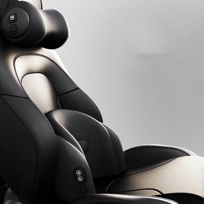 A black car massage cushion with electric vibration controls, placed on a car seat for neck and lumbar support.