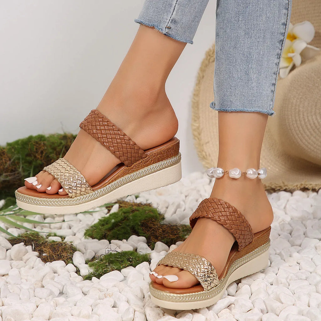 Gold and silver plus size wedge sandals for women on a white background.