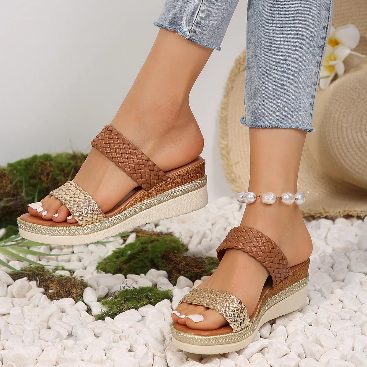 Gold and silver plus size wedge sandals for women on a white background.