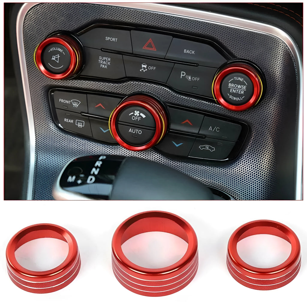Aluminium alloy decorative ring for Dodge Challenger and Grand Cherokee air conditioning knob in blue.