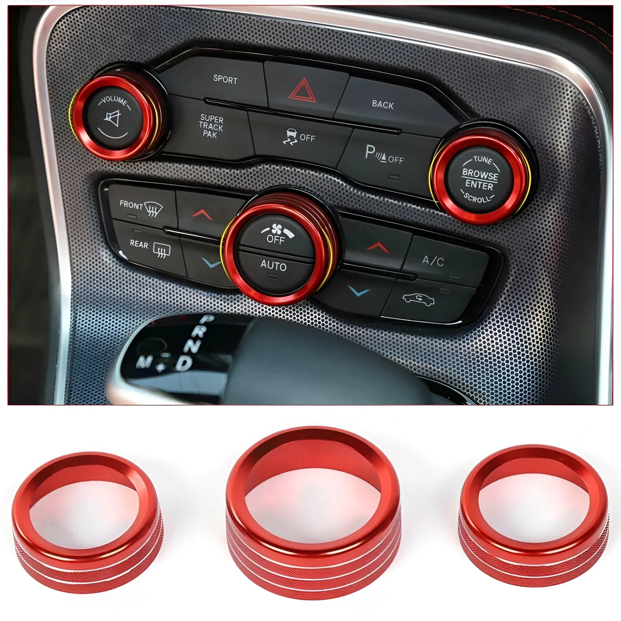 Aluminium alloy decorative ring for Dodge Challenger and Grand Cherokee air conditioning knob in blue.