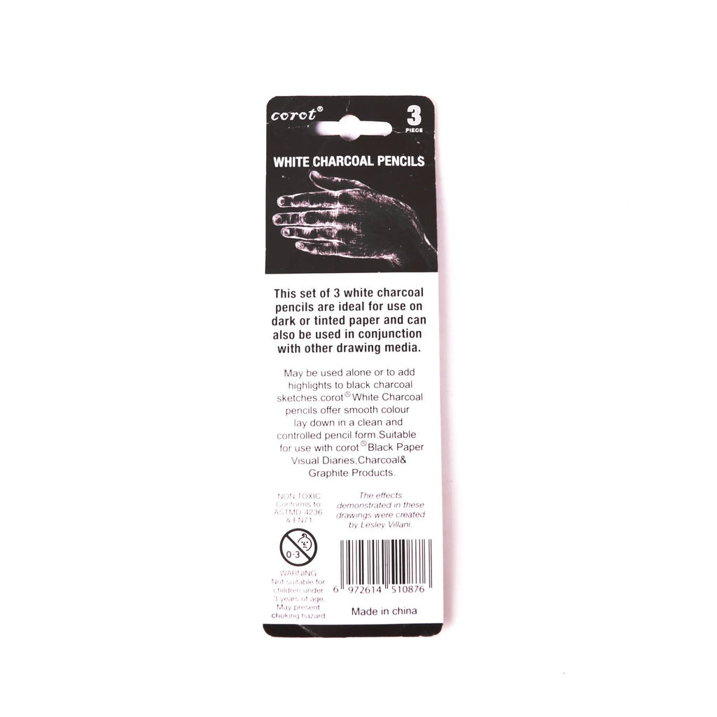 Set of three white charcoal pencils with wooden barrels for highlighting and sketching