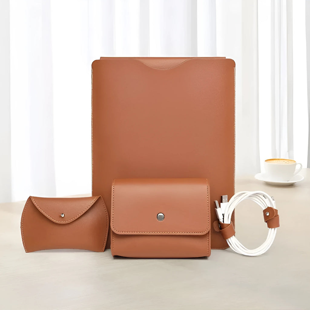 Set of four brown imitation leather edge protector pieces for a MacBook laptop
