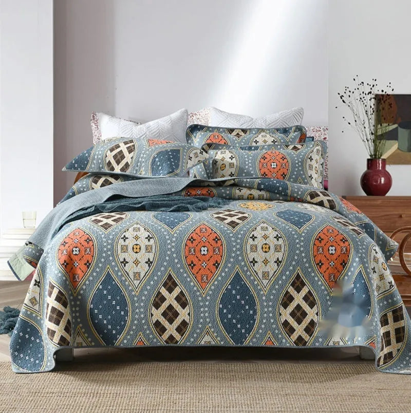 Double-sided pure cotton bedspread three-piece set with geometric pattern for 1.8m bed