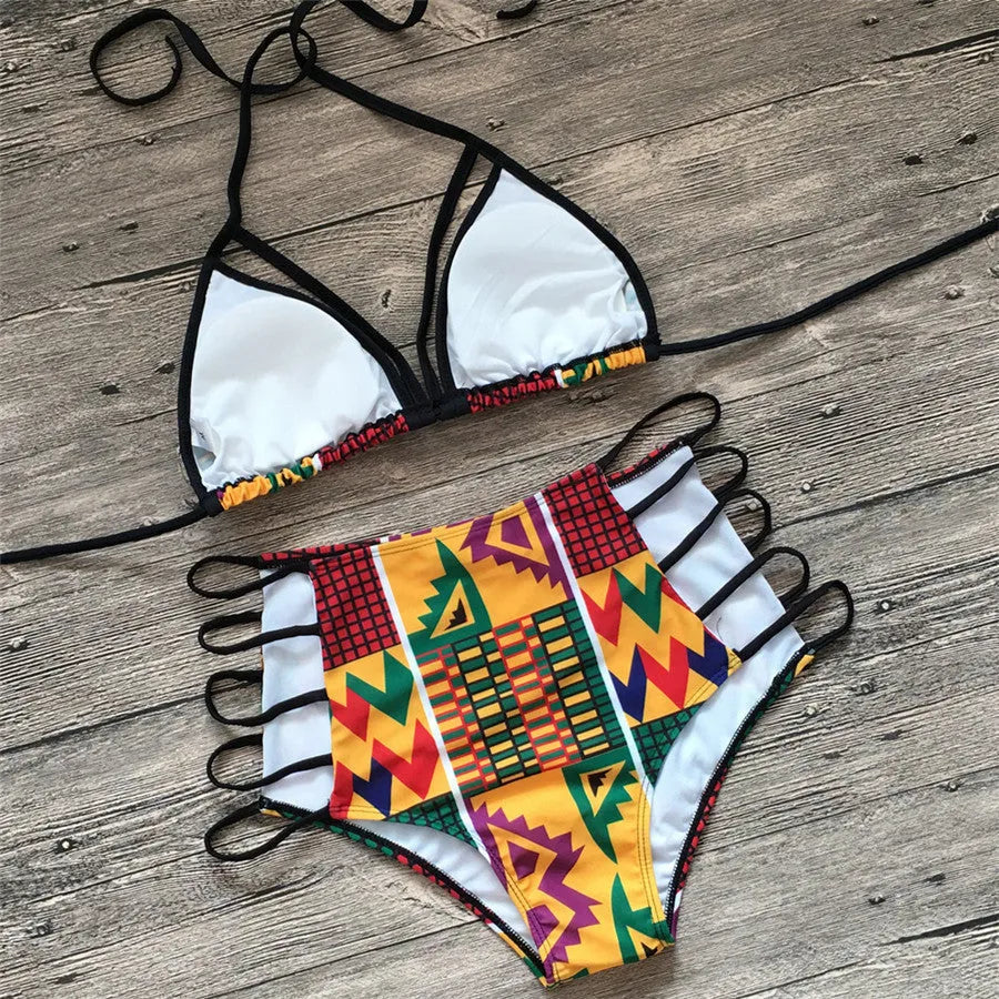 Women's high-waisted digital print bikini set with backless top and quick-drying fabric.