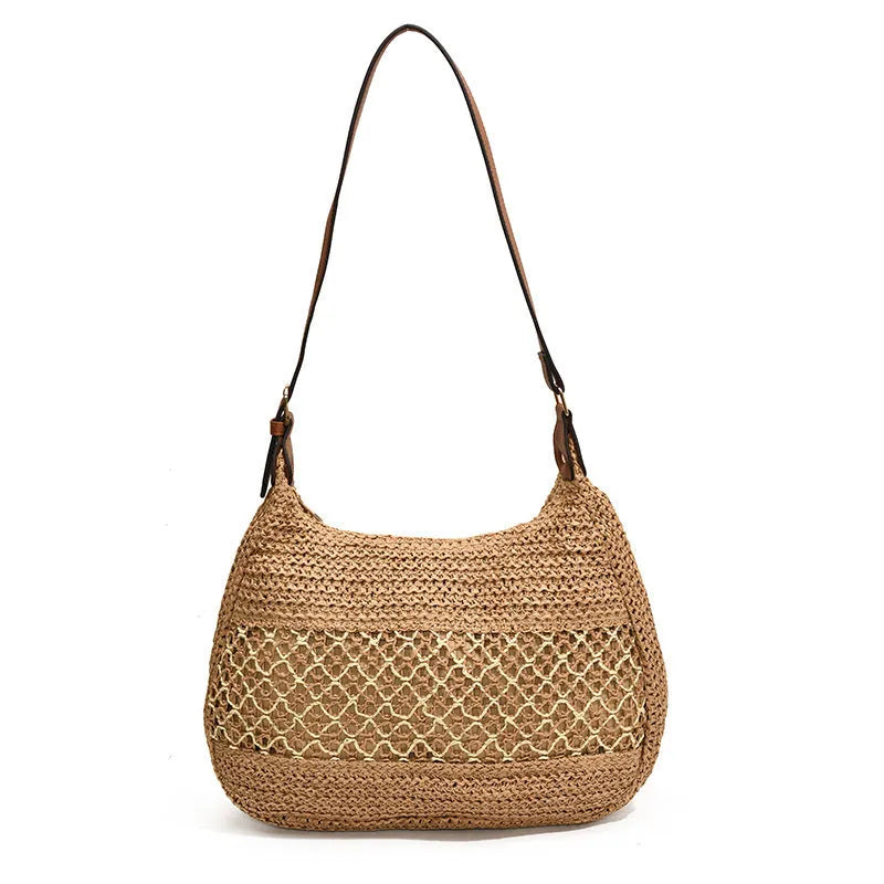 Women's khaki straw crossbody bag with a square shape and an external sandwich pocket.