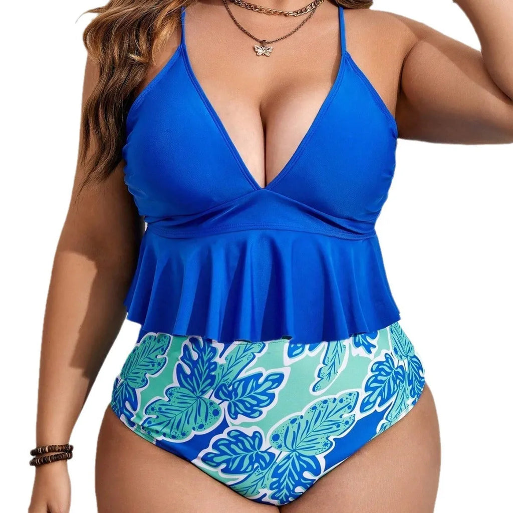 Blue polyester fibre bikini set with top and briefs style shorts in European/American sizes 0XL to 4XL