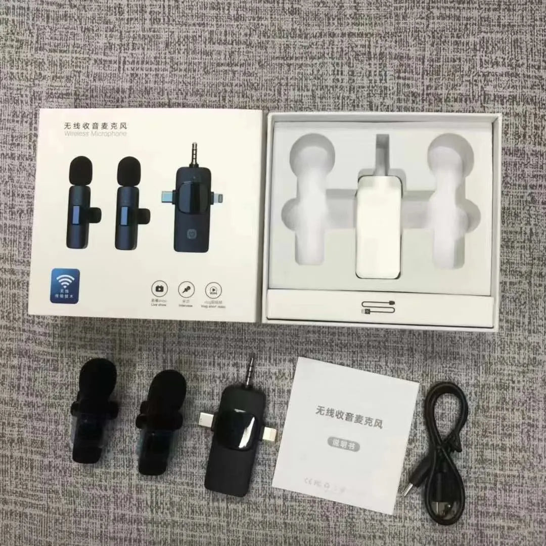 Wireless collar clip microphone for smartphones, showing clip design and available connection options.