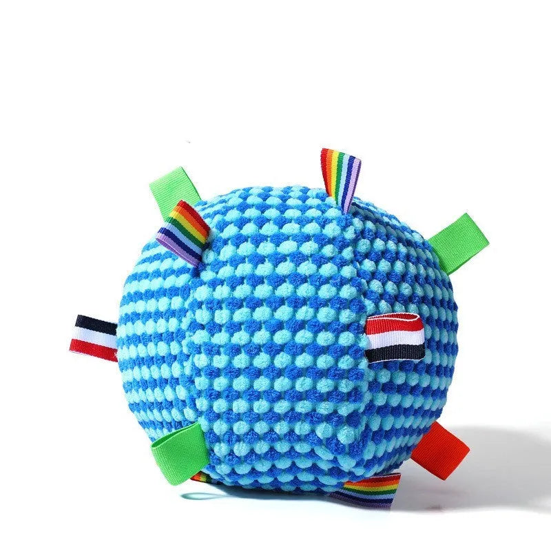 Blue and yellow pineapple lattice dog ball toy with 17cm diameter and internal sound ring