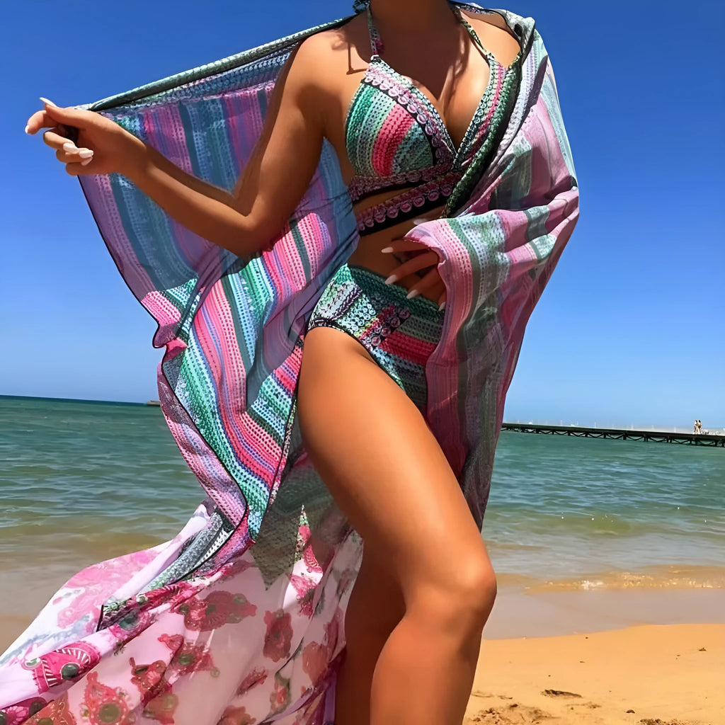 Women's three-piece swimsuit with cross bandage bikini top and high waist briefs in blue colour