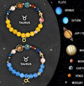 Twelve zodiac sign natural stone beaded bracelets showing different astrology designs