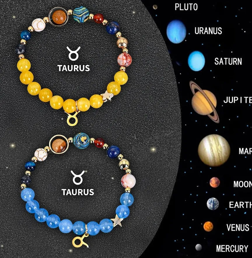 Twelve zodiac sign natural stone beaded bracelets showing different astrology designs