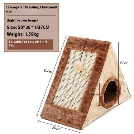 Grey-white triangle cat claw sisal toy with geometric platform design and plate fur material
