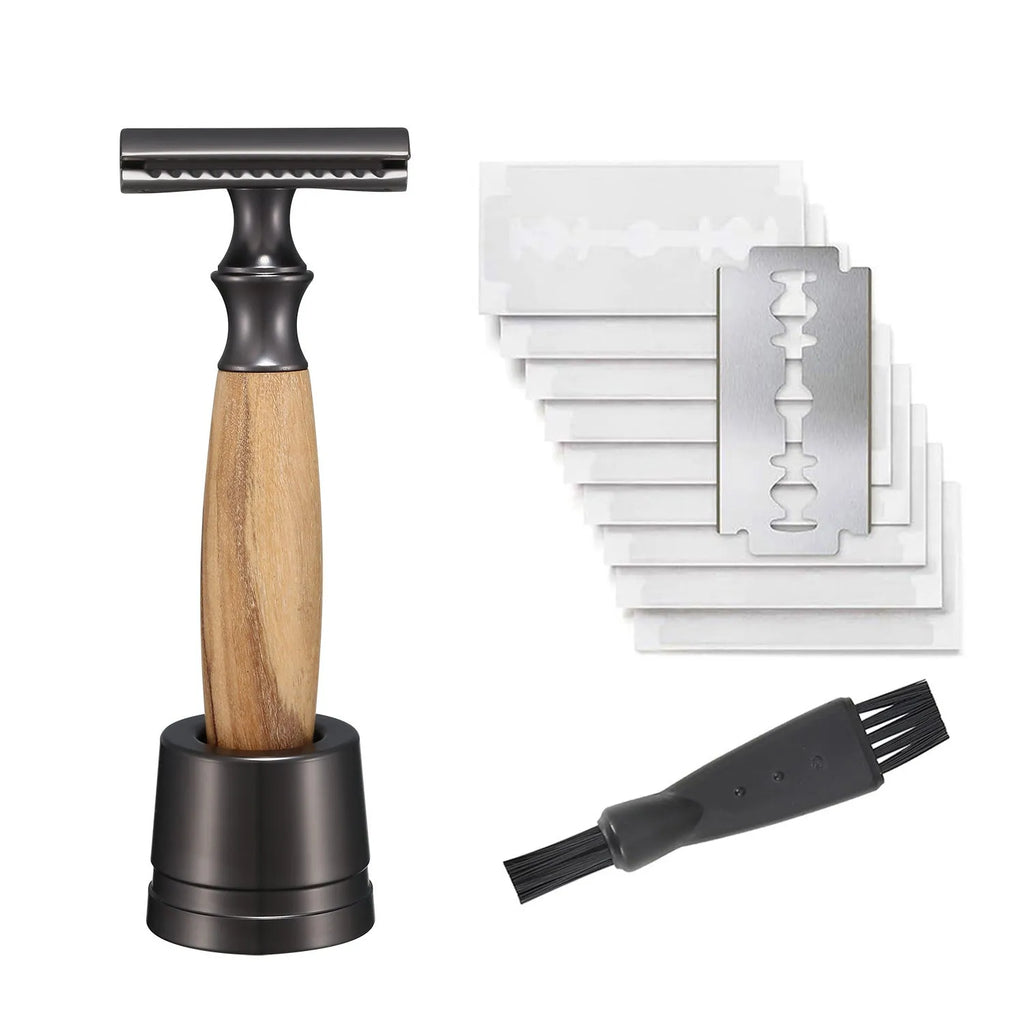 Copper coloured men's manual shaving razor with olive wood handle and aluminium razor holder