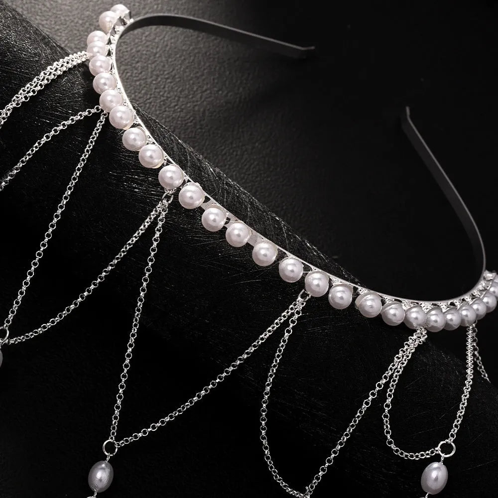 Gold electroplated mesh hair chain with pearls and tassel detailing for women