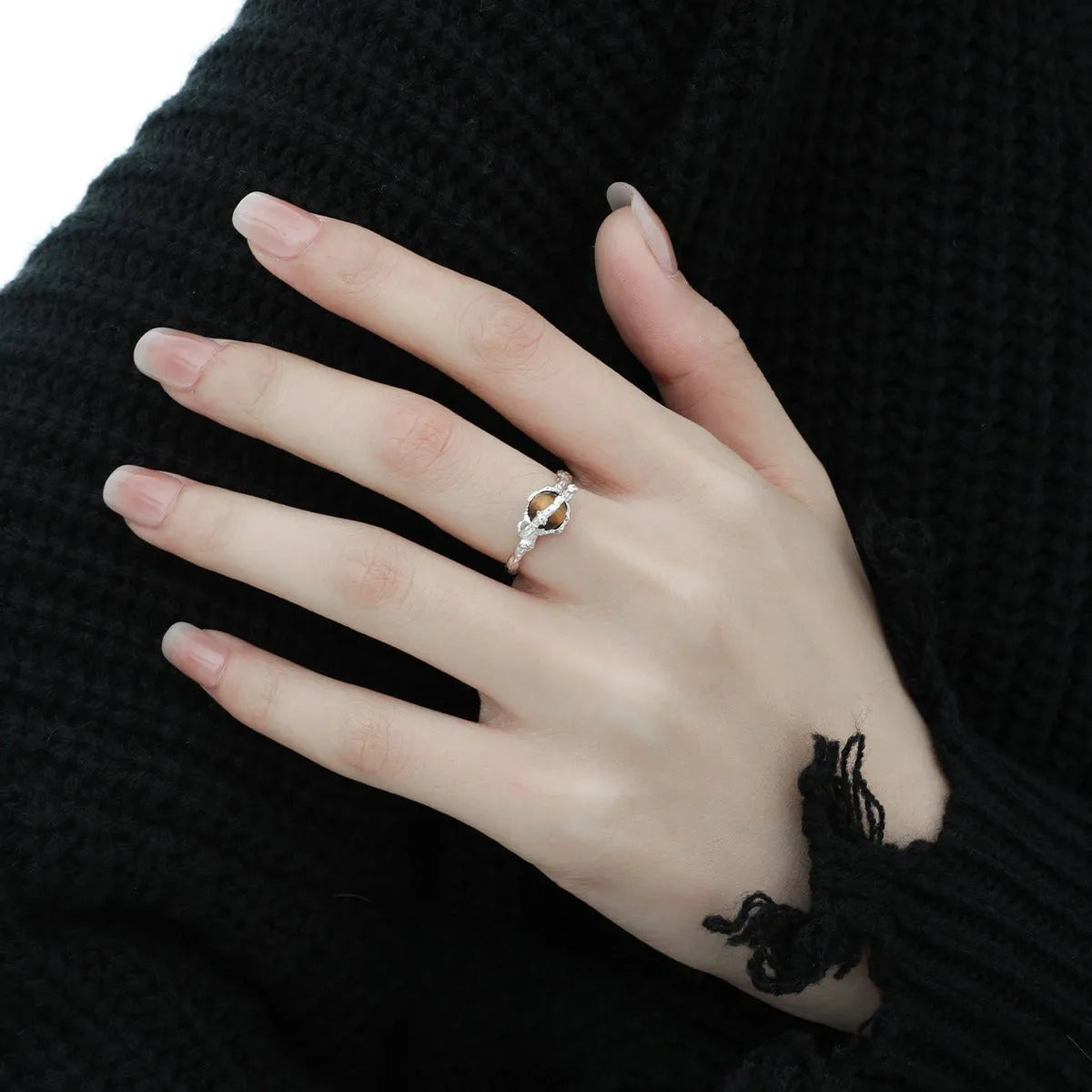 Saturn design silver open ring with white gold electroplated finish and adjustable opening