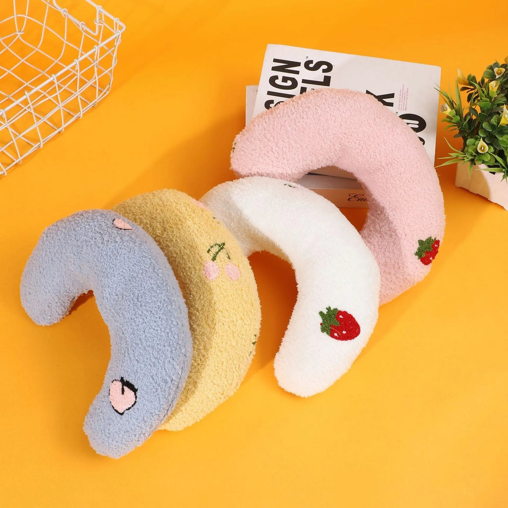 Half moon U-shaped cat pillow with cartoon designs in blue colour option
